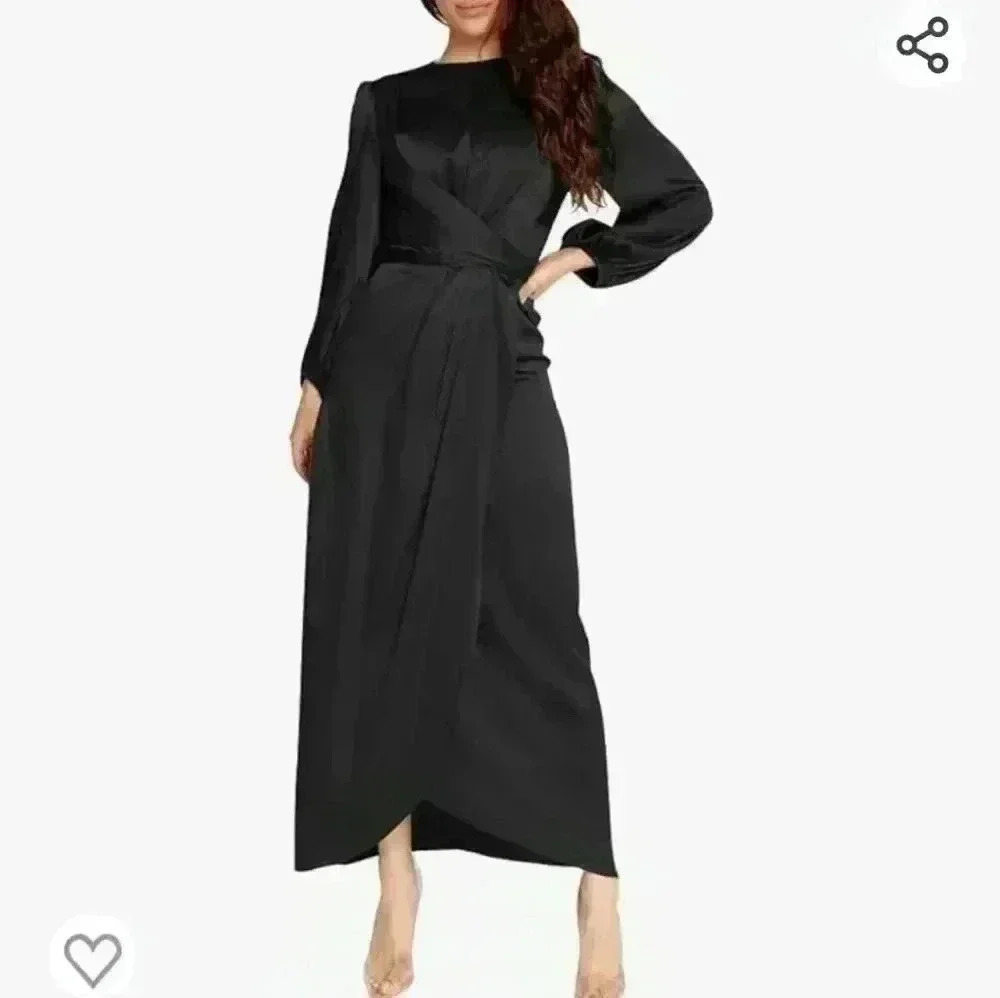 Pin Up Art Women's Size M 100% Satin Empire Waist Long Sleeve Maxi Dress Nwt
